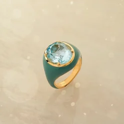 Anello Mon Chevalier - Smalto verde e pietra Topazio Azzurro